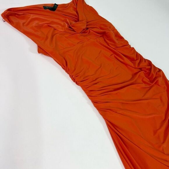 Lauren Ralph Lauren Midi Dress Womens 14 Red Stretch Drapered Neck Ruched Side - Picture 2 of 9